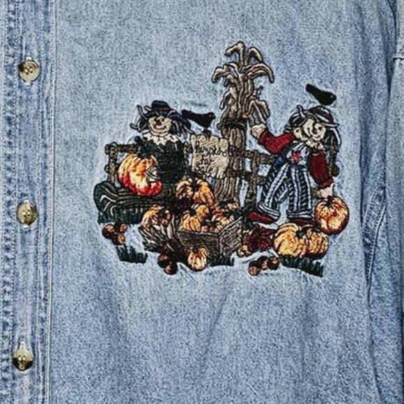 Quizz New York Embroidered Chambray Button-Up Plus Size 22 Autumn Scarecrows - Picture 3 of 6